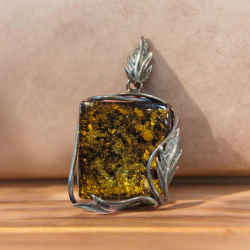 AMBRE VERTE PENDENTIF ARGENT RHODIÉ